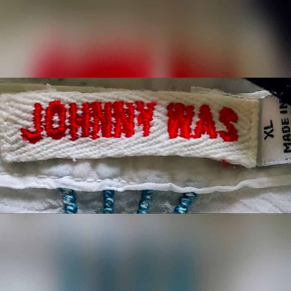 Johnny Was White and Red Embroidered Blouse Sz XL. EUC